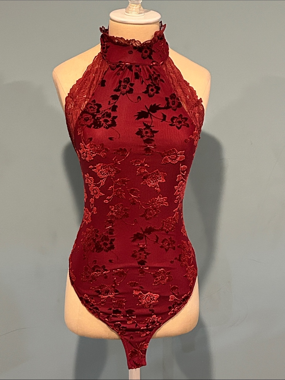 Free People Intimately Late Night Halter Neck Bodysuit XS Burnout Velvet Wine